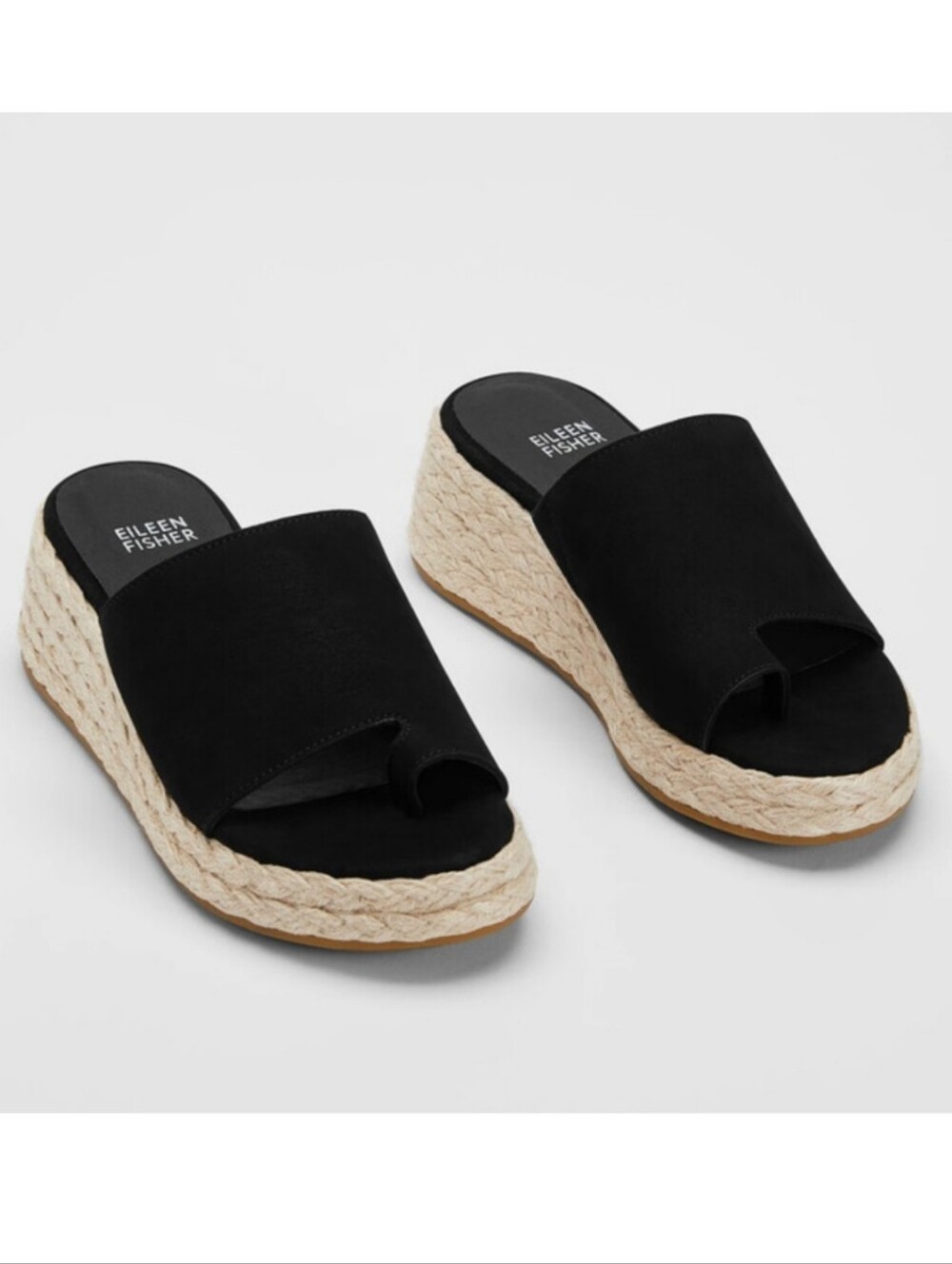 Eileen Fisher Tarry Toe Ring Leather Espadrille Wedge Slide Sandal Black 7.5